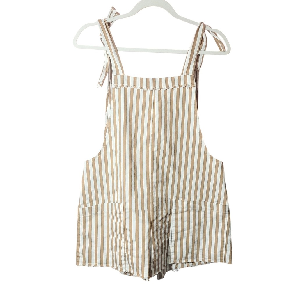 My Girl Tan White Striped Short Overalls Tie‎ Shoulder Romper 10 Summer Girlhood